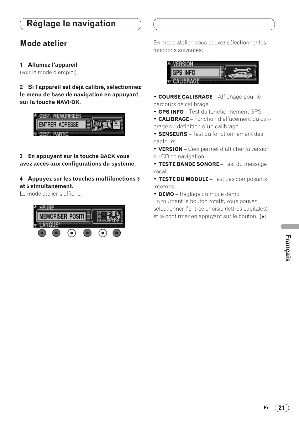 Mode atelier 21, Réglage le navigation, Mode atelier | Pioneer ANH-P9R-BK User Manual | Page 99 / 160