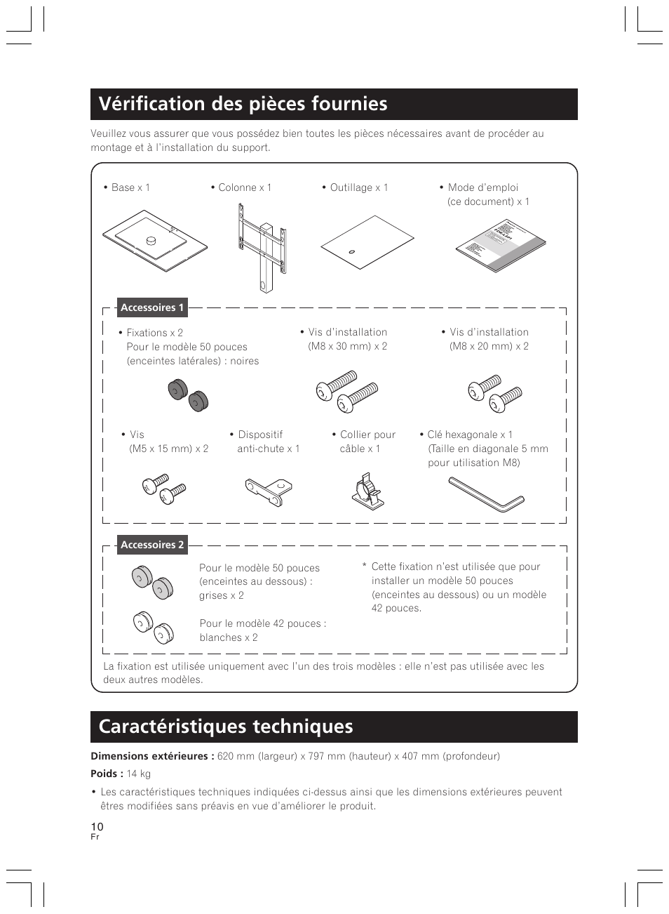 Vérification des pièces fournies, Caractéristiques techniques | Pioneer PDK-LS01 User Manual | Page 10 / 51