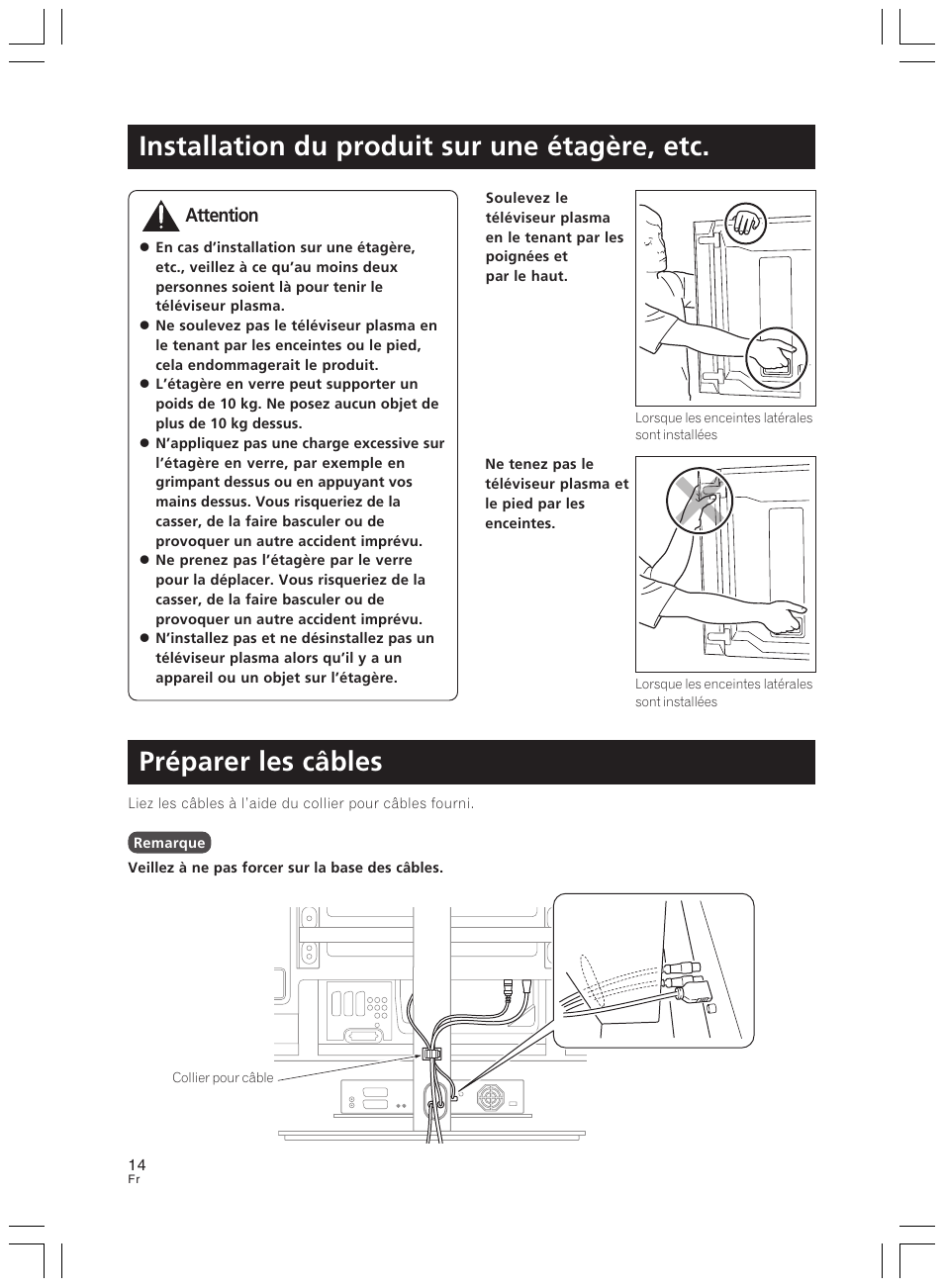 Installation du produit sur une étagère, etc, Préparer les câbles, Attention | Pioneer PDK-LS01 User Manual | Page 14 / 51