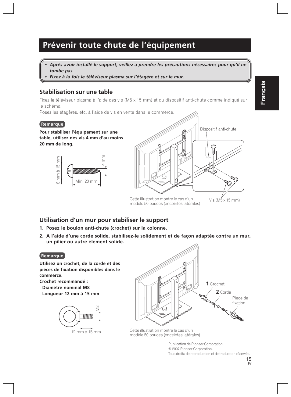 Prévenir toute chute de l’équipement, Français, Stabilisation sur une table | Utilisation d’un mur pour stabiliser le support | Pioneer PDK-LS01 User Manual | Page 15 / 51