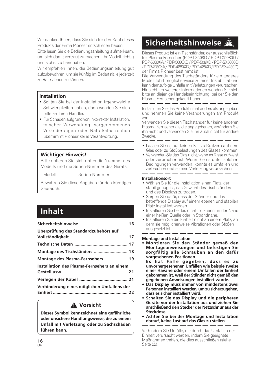 Sicherheitshinweise, Inhalt, Vorsicht | Pioneer PDK-LS01 User Manual | Page 16 / 51