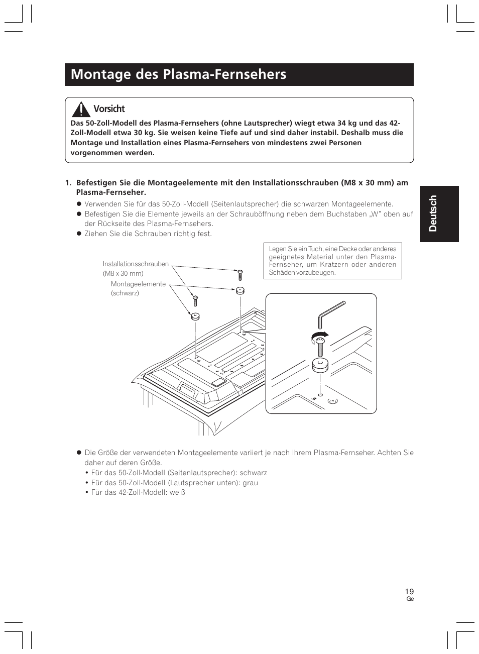 Montage des plasma-fernsehers, Deutsch, Vorsicht | Pioneer PDK-LS01 User Manual | Page 19 / 51