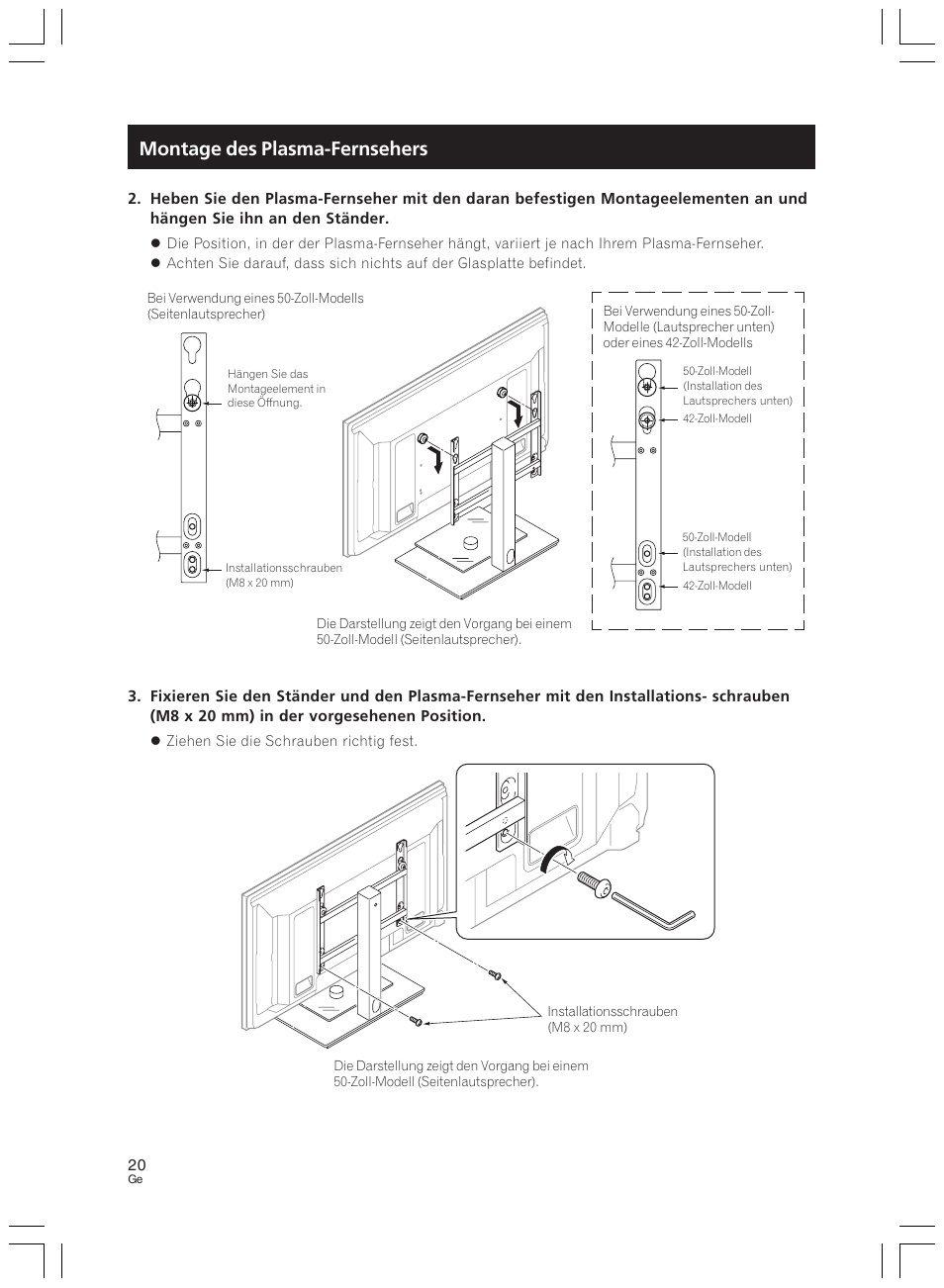 Montage des plasma-fernsehers | Pioneer PDK-LS01 User Manual | Page 20 / 51
