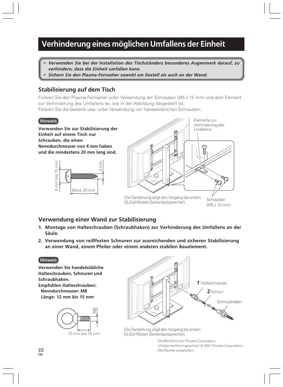 Verhinderung eines möglichen umfallens der einheit, Stabilisierung auf dem tisch, Verwendung einer wand zur stabilisierung | Pioneer PDK-LS01 User Manual | Page 22 / 51