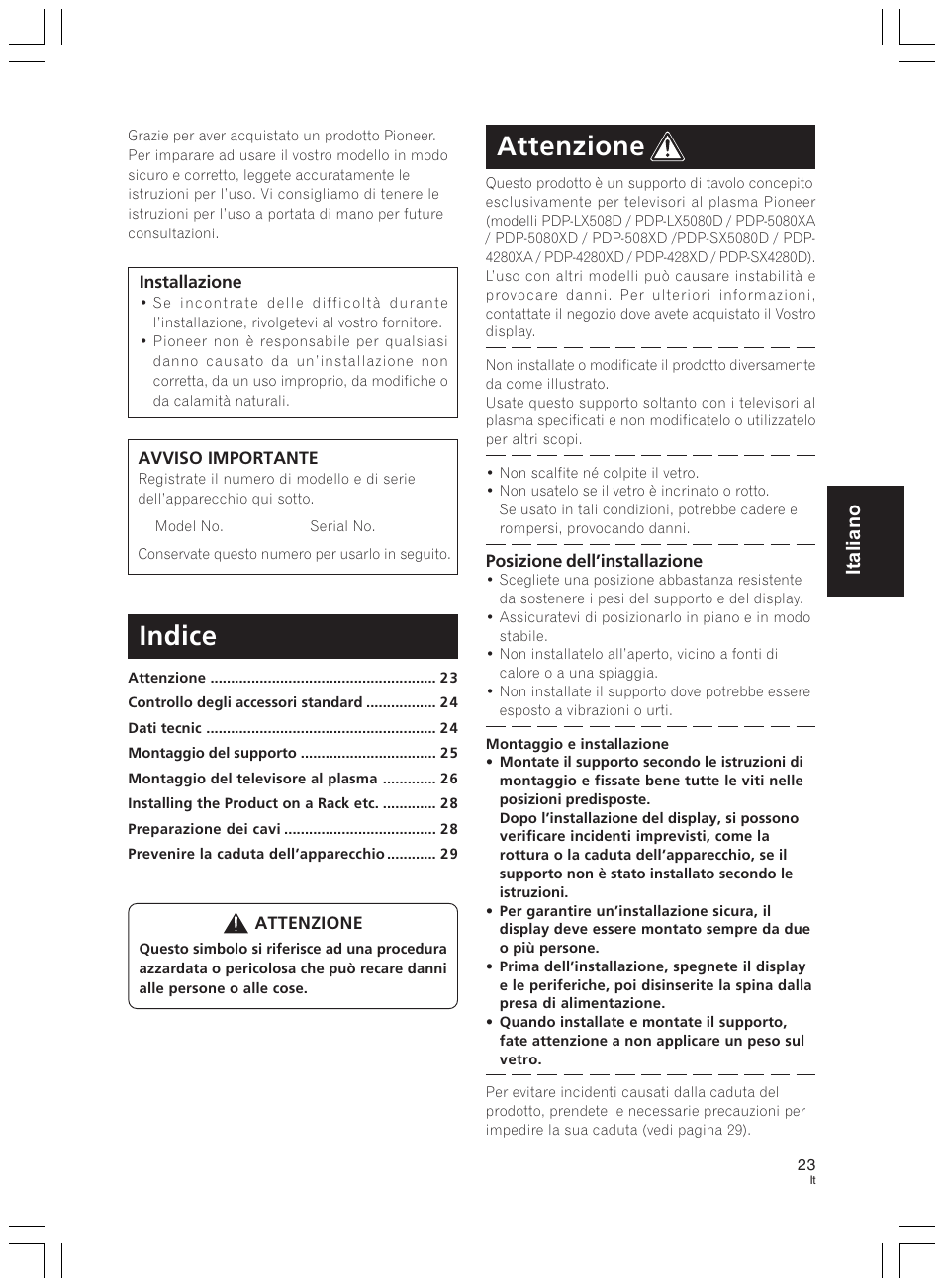 Attenzione, Indice, Italiano | Pioneer PDK-LS01 User Manual | Page 23 / 51
