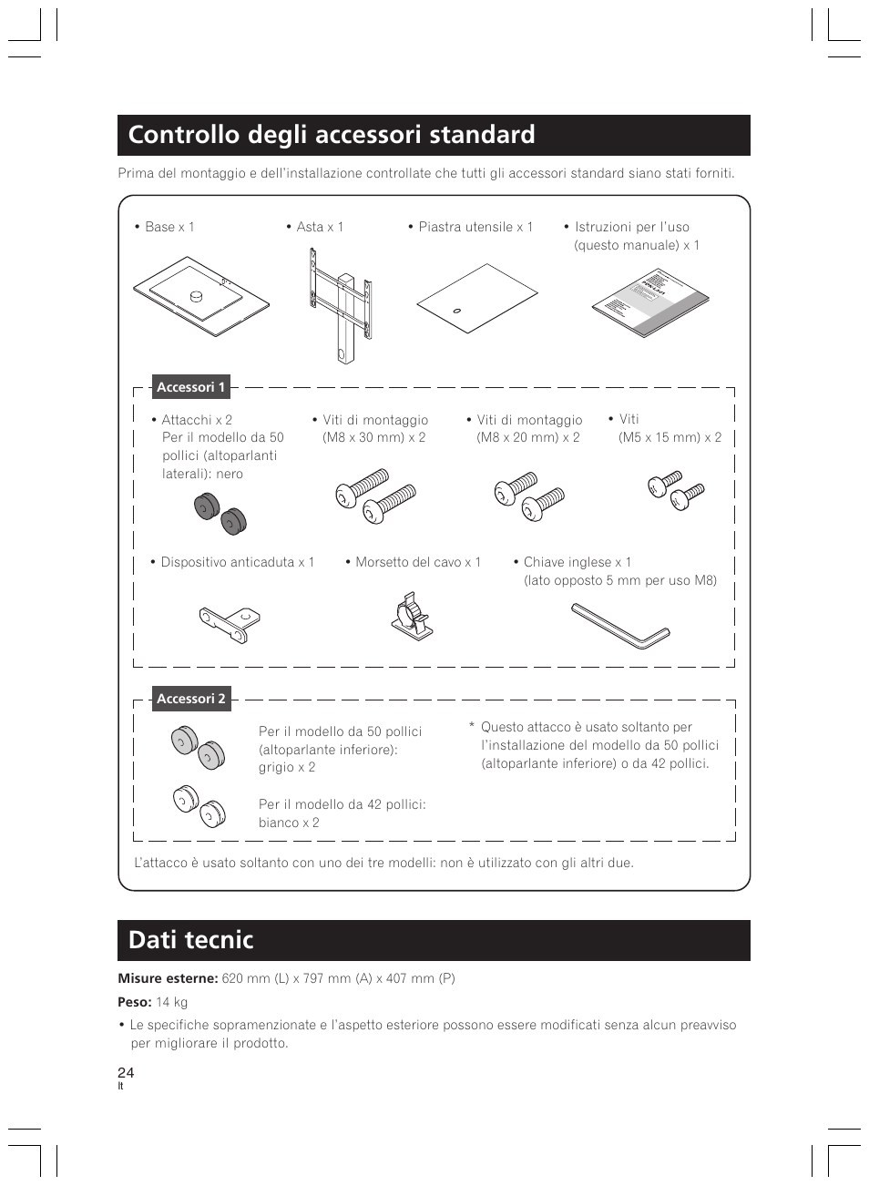 Controllo degli accessori standard, Dati tecnic | Pioneer PDK-LS01 User Manual | Page 24 / 51