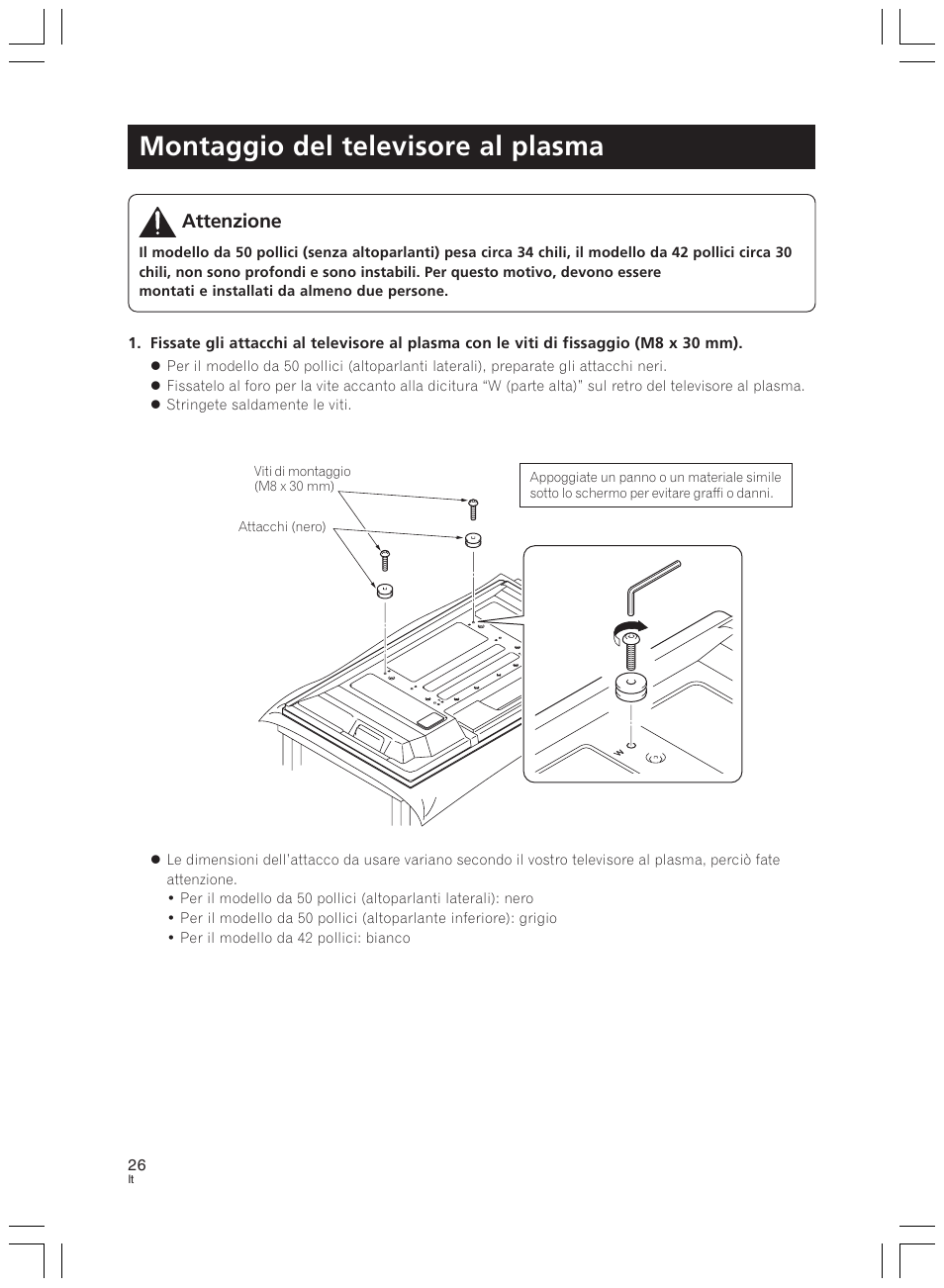Montaggio del televisore al plasma, Attenzione | Pioneer PDK-LS01 User Manual | Page 26 / 51