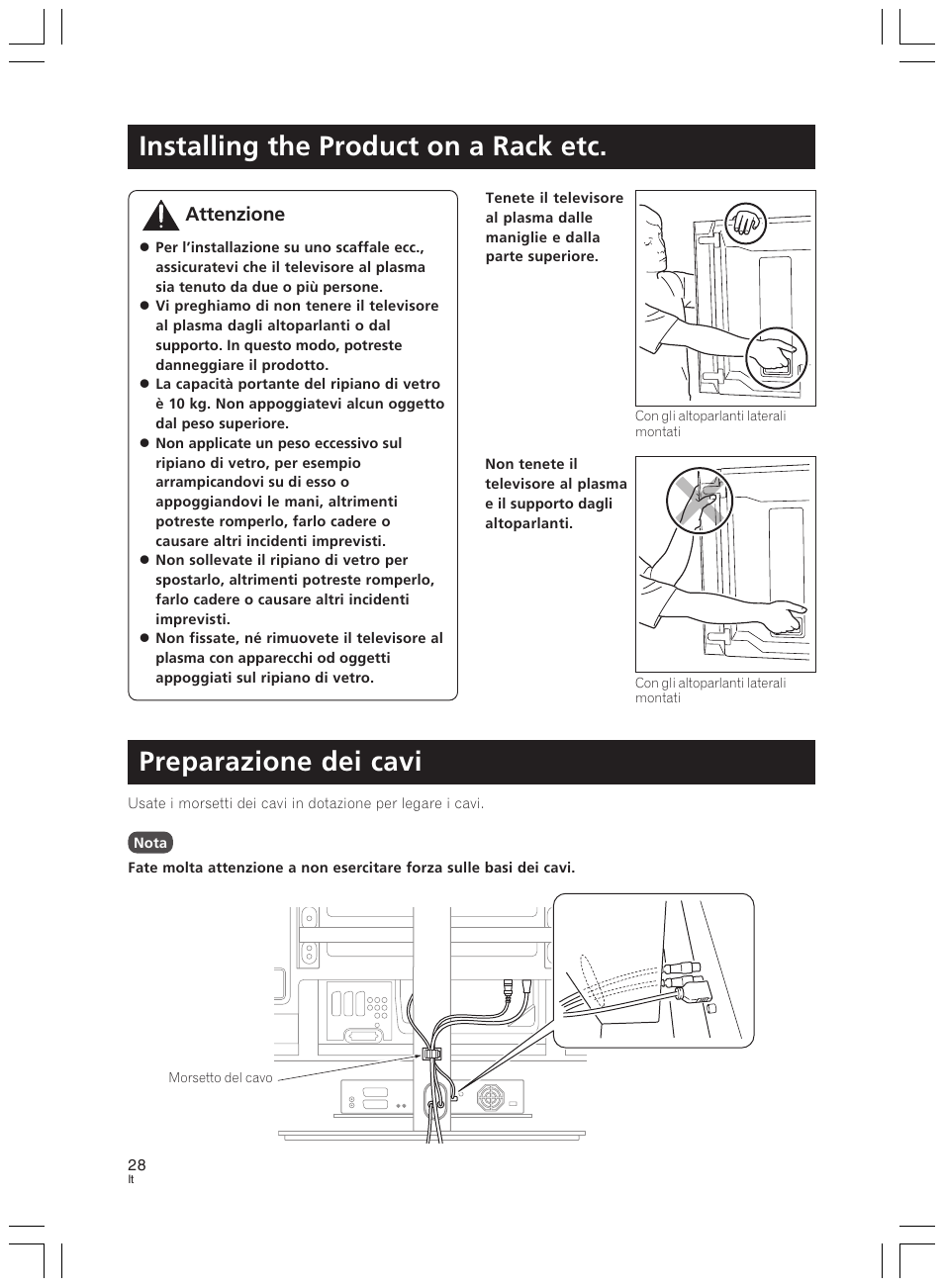Installing the product on a rack etc, Preparazione dei cavi, Attenzione | Pioneer PDK-LS01 User Manual | Page 28 / 51