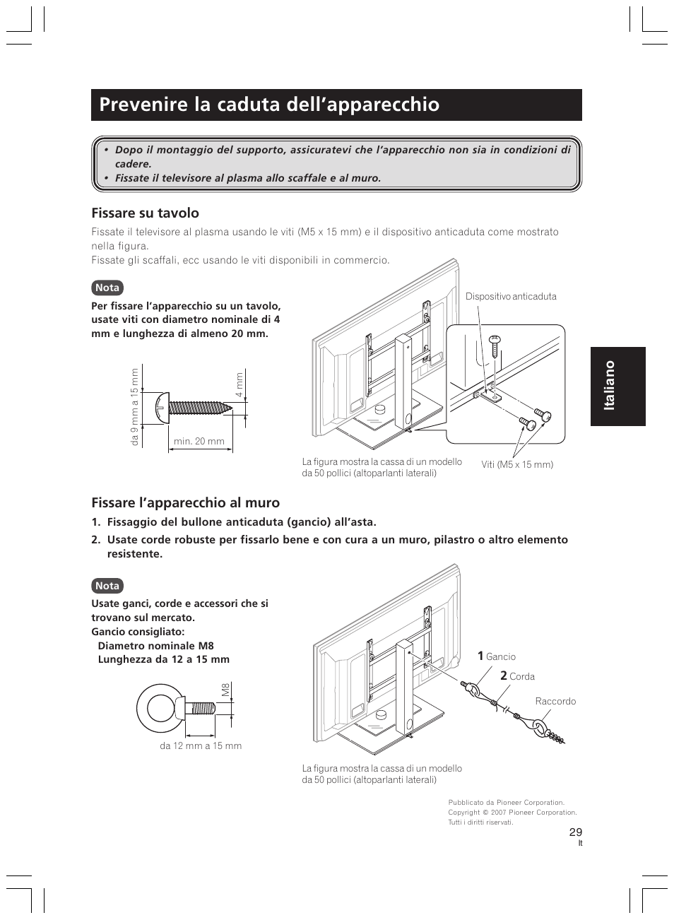 Prevenire la caduta dell’apparecchio, Italiano, Fissare su tavolo | Fissare l’apparecchio al muro | Pioneer PDK-LS01 User Manual | Page 29 / 51