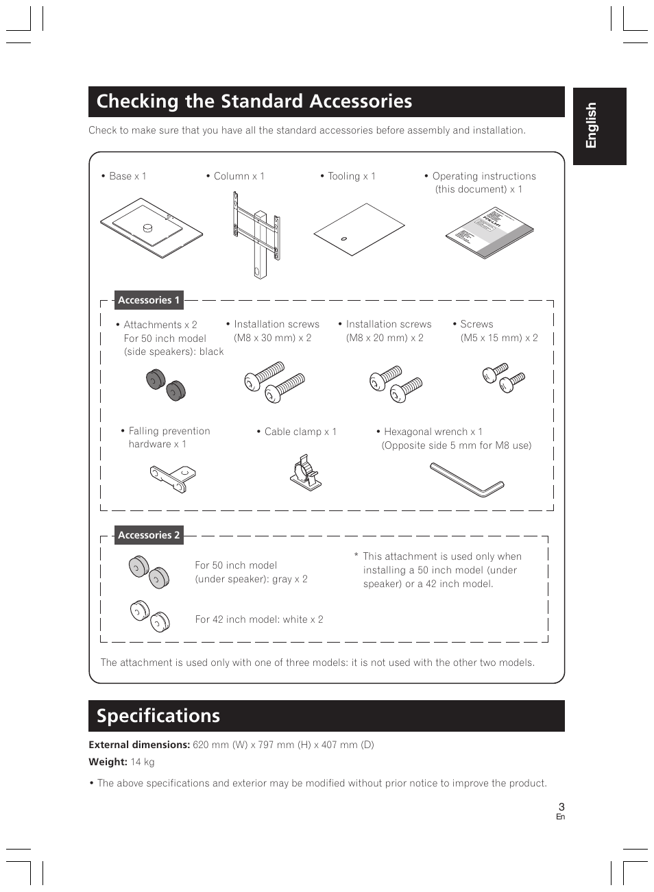 Checking the standard accessories, Specifications, English | Pioneer PDK-LS01 User Manual | Page 3 / 51