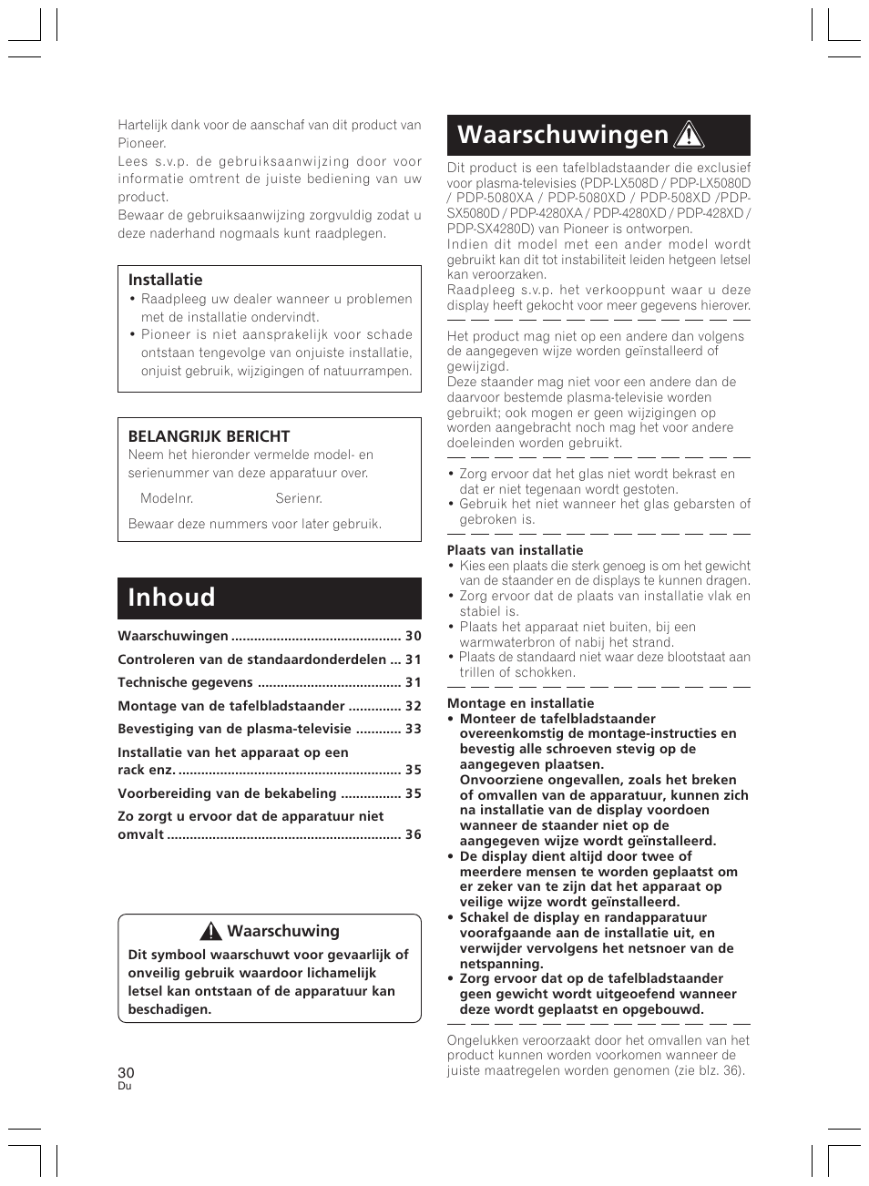 Waarschuwingen, Inhoud | Pioneer PDK-LS01 User Manual | Page 30 / 51