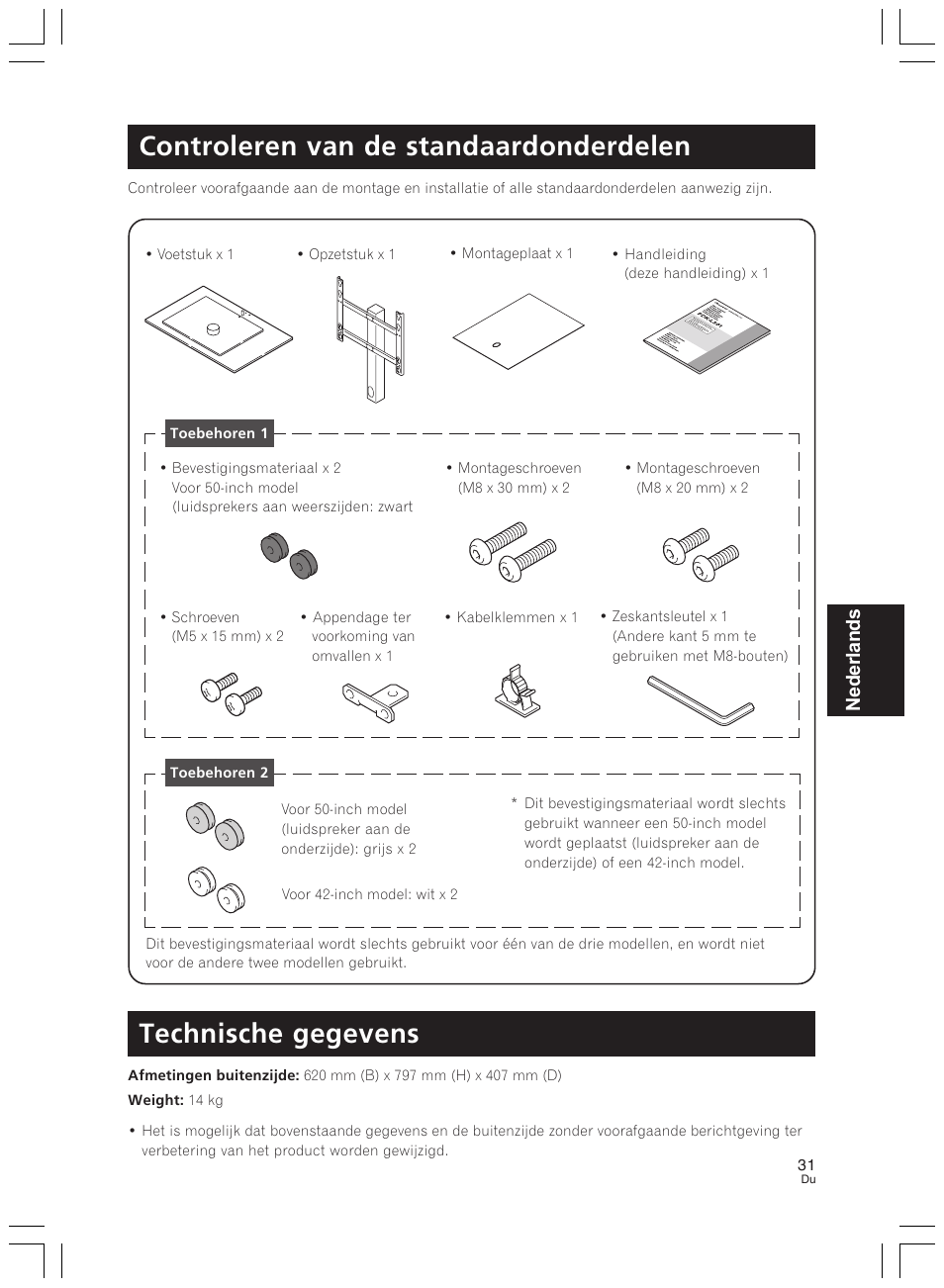 Controleren van de standaardonderdelen, Technische gegevens, Nederlands | Pioneer PDK-LS01 User Manual | Page 31 / 51