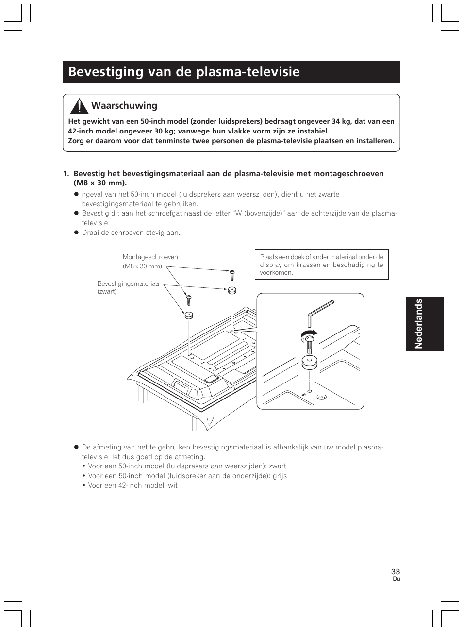 Bevestiging van de plasma-televisie, Nederlands, Waarschuwing | Pioneer PDK-LS01 User Manual | Page 33 / 51