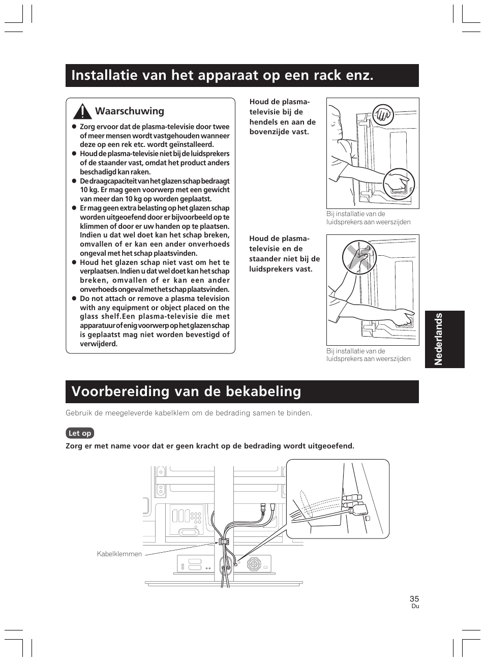 Installatie van het apparaat op een rack enz, Voorbereiding van de bekabeling, Nederlands | Waarschuwing | Pioneer PDK-LS01 User Manual | Page 35 / 51