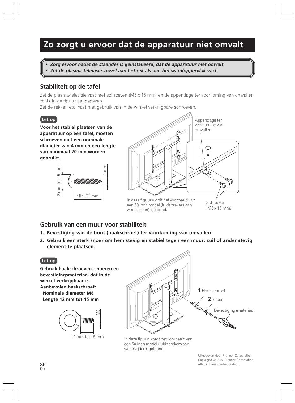 Zo zorgt u ervoor dat de apparatuur niet omvalt, Stabiliteit op de tafel, Gebruik van een muur voor stabiliteit | Pioneer PDK-LS01 User Manual | Page 36 / 51