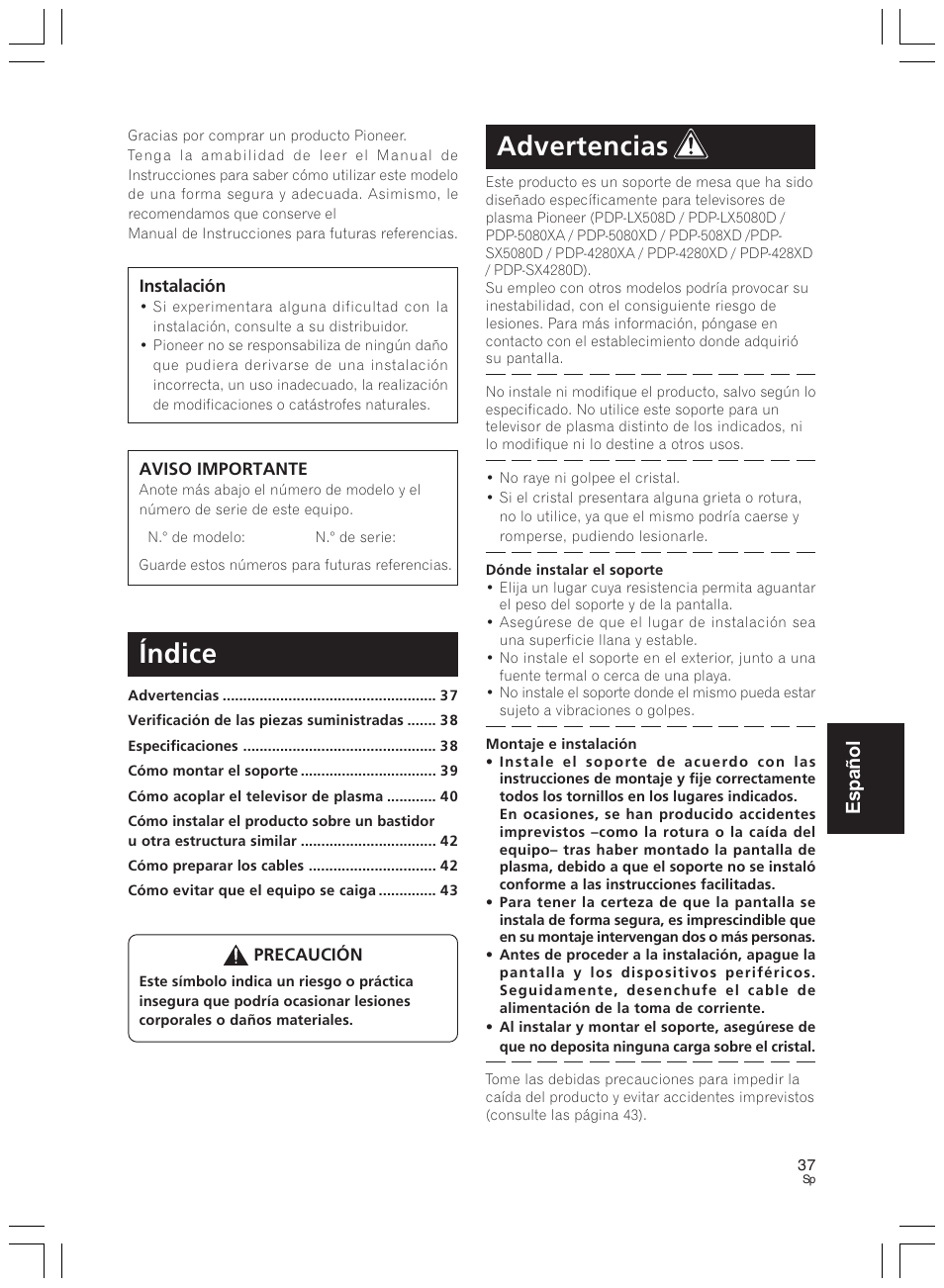 Advertencias, Índice, Español | Pioneer PDK-LS01 User Manual | Page 37 / 51