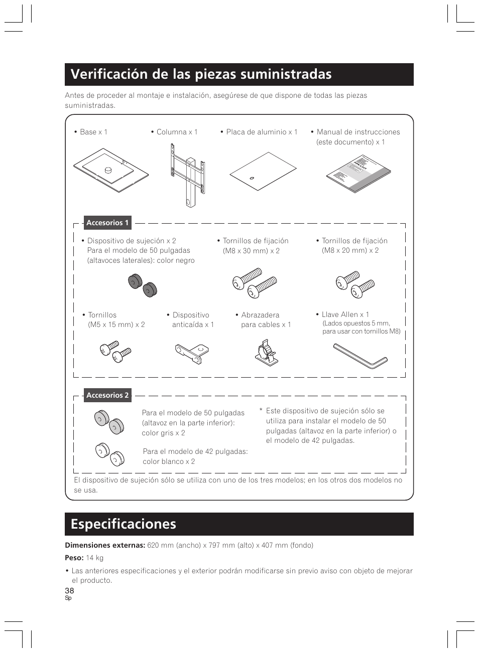 Verificación de las piezas suministradas, Especificaciones | Pioneer PDK-LS01 User Manual | Page 38 / 51