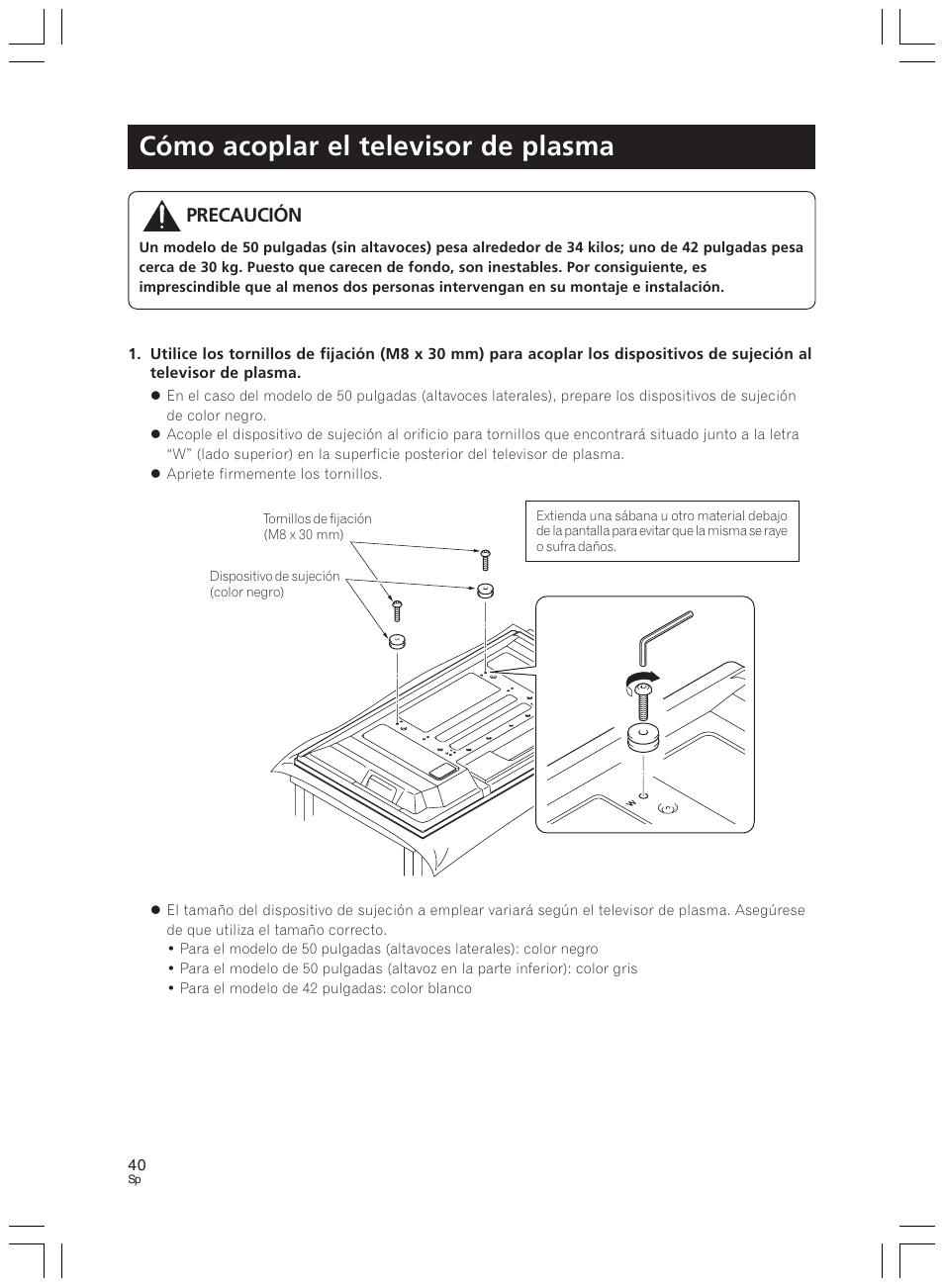 Cómo acoplar el televisor de plasma, Precaución | Pioneer PDK-LS01 User Manual | Page 40 / 51