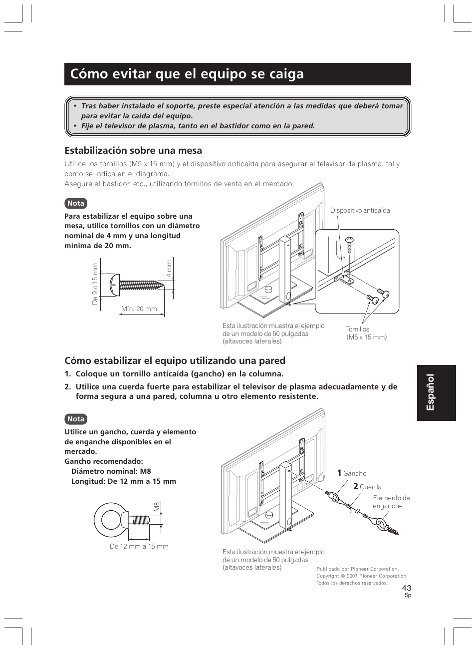 Cómo evitar que el equipo se caiga, Español, Estabilización sobre una mesa | Cómo estabilizar el equipo utilizando una pared | Pioneer PDK-LS01 User Manual | Page 43 / 51