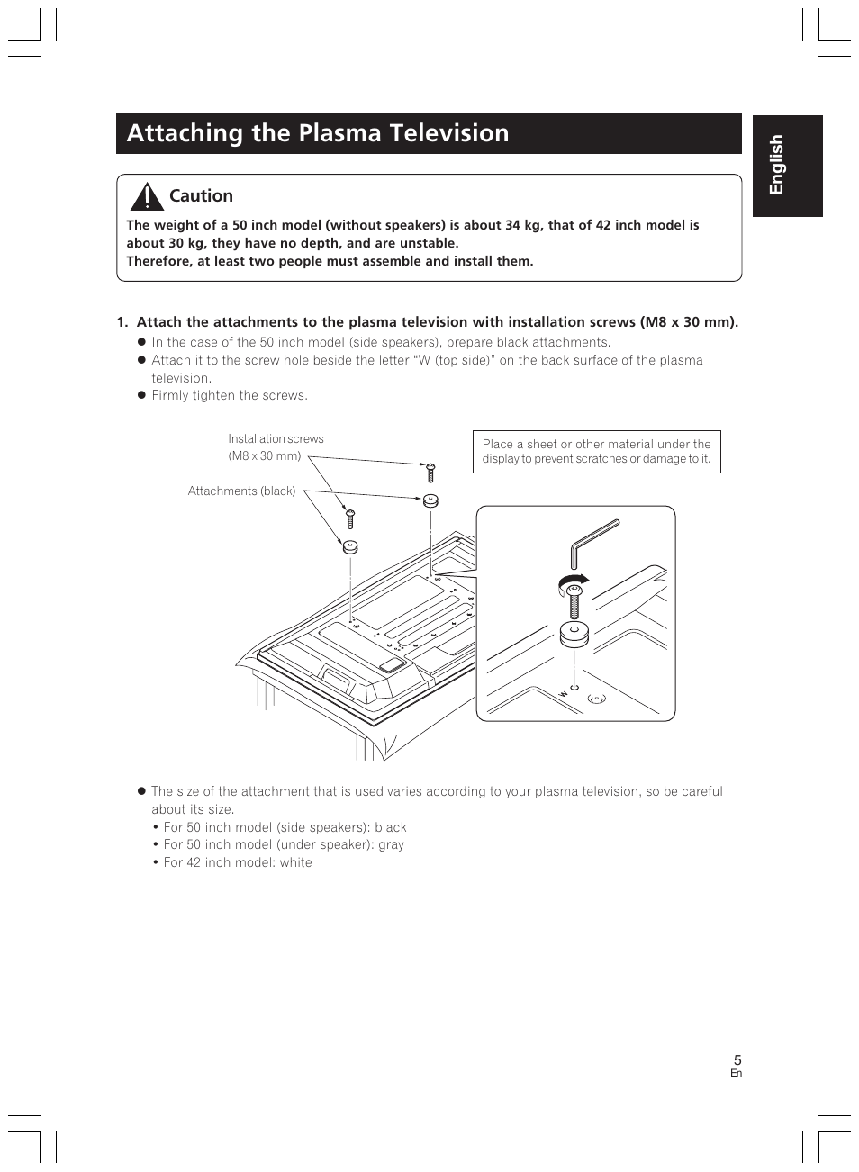 Attaching the plasma television, English, Caution | Pioneer PDK-LS01 User Manual | Page 5 / 51