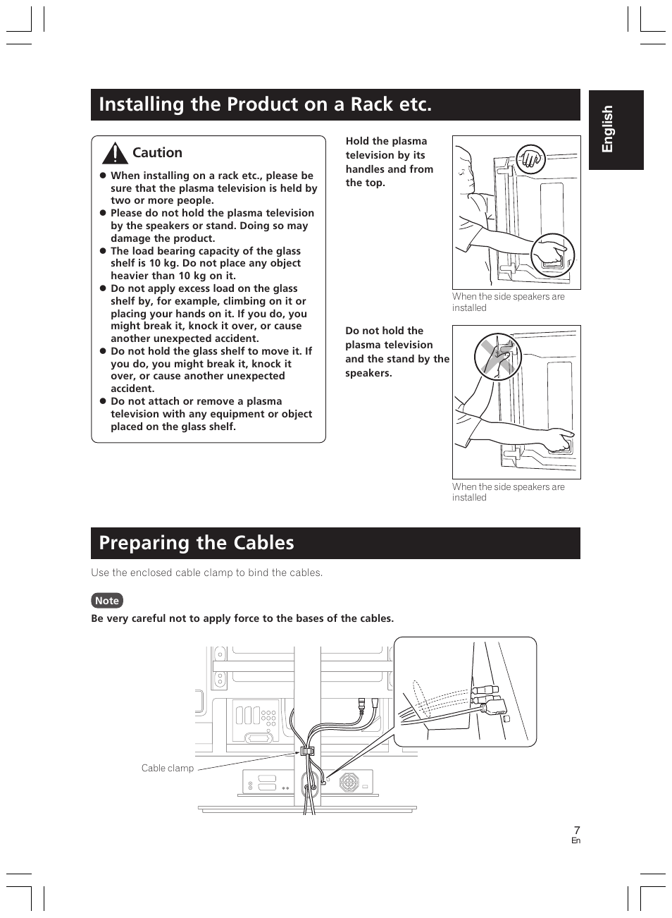 Installing the product on a rack etc, Preparing the cables, English | Caution | Pioneer PDK-LS01 User Manual | Page 7 / 51