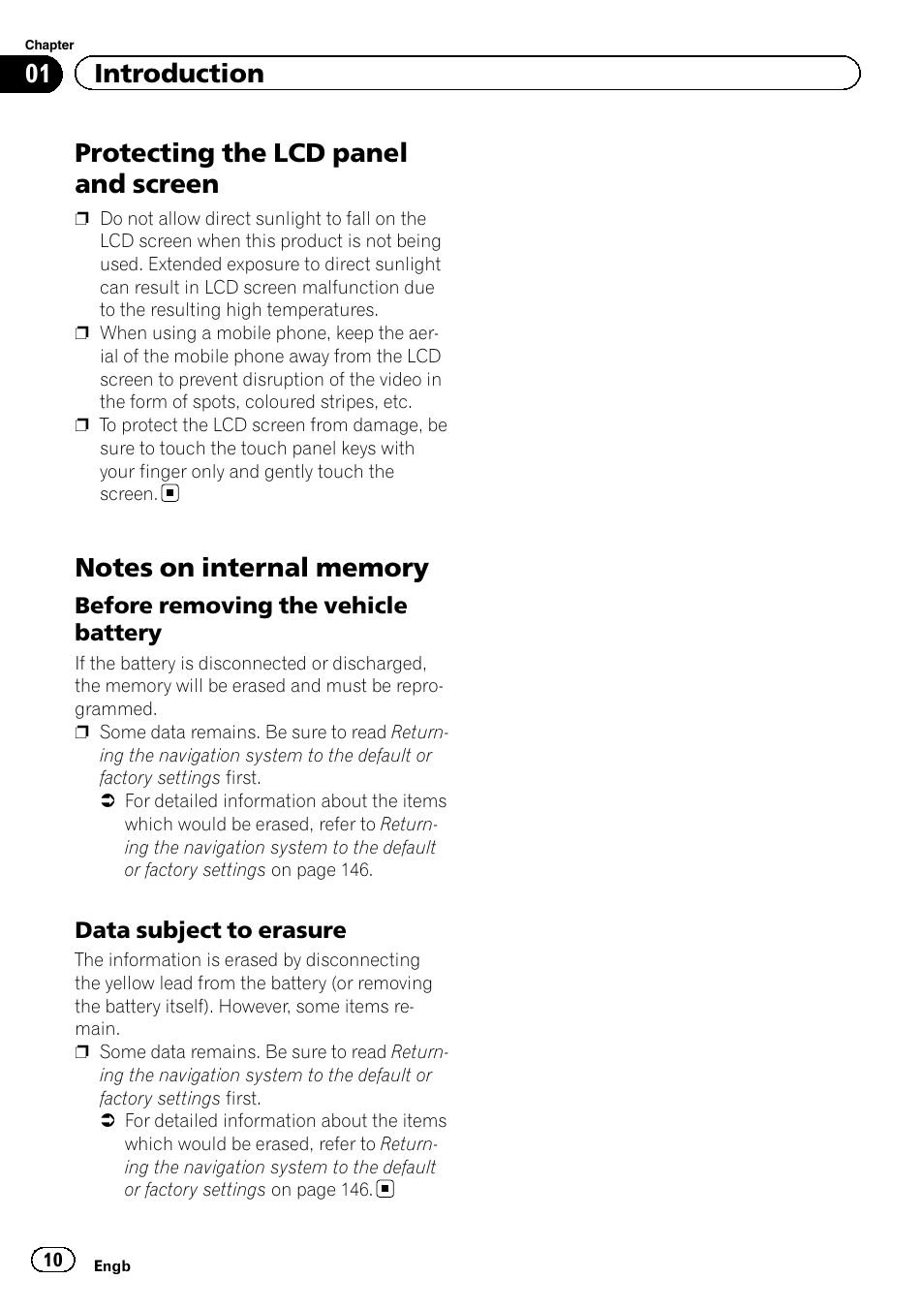 Protecting the lcd panel and screen, Notes on internal memory, Before removing the vehicle | Battery, Data subject to erasure 10, 01 introduction | Pioneer AVIC-F20BT User Manual | Page 10 / 188