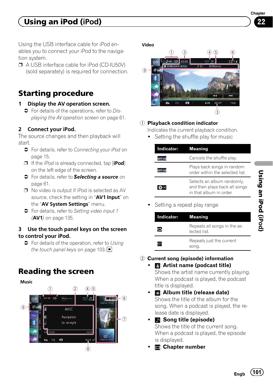 Using an ipod (ipod) starting procedure, Reading the screen, Starting procedure | Using an ipod (ipod) | Pioneer AVIC-F20BT User Manual | Page 101 / 188