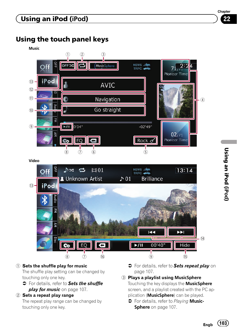 Using the touch panel keys, Using, Using an ipod (ipod) | Pioneer AVIC-F20BT User Manual | Page 103 / 188