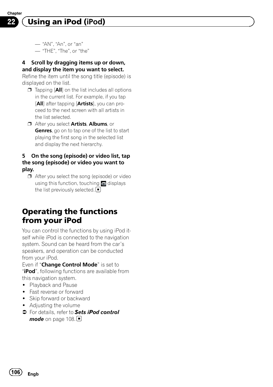 Operating the functions from your ipod, 22 using an ipod (ipod) | Pioneer AVIC-F20BT User Manual | Page 106 / 188