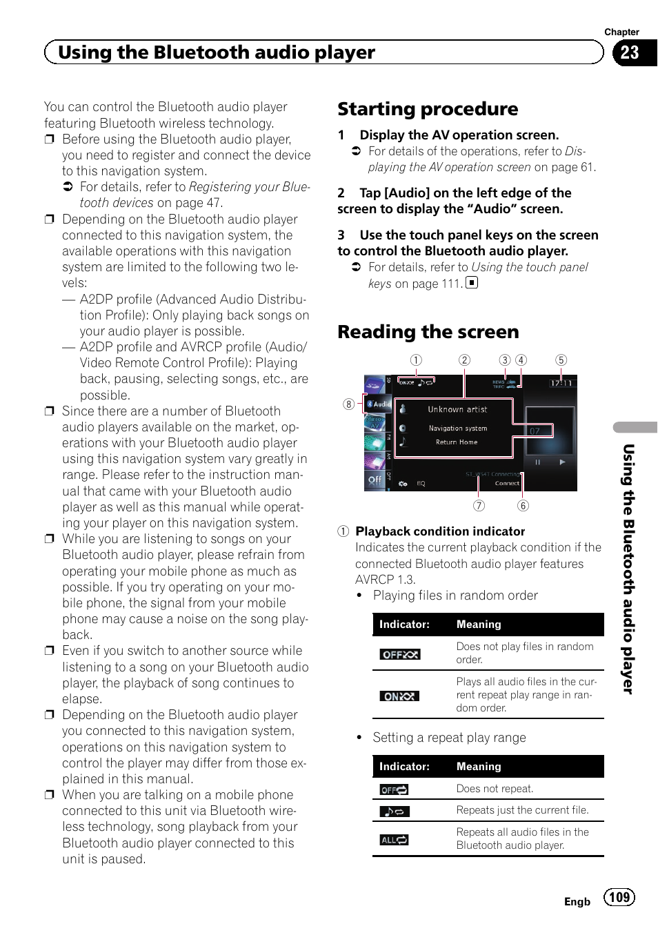 Reading the screen, Starting procedure, Using the bluetooth audio player | Pioneer AVIC-F20BT User Manual | Page 109 / 188