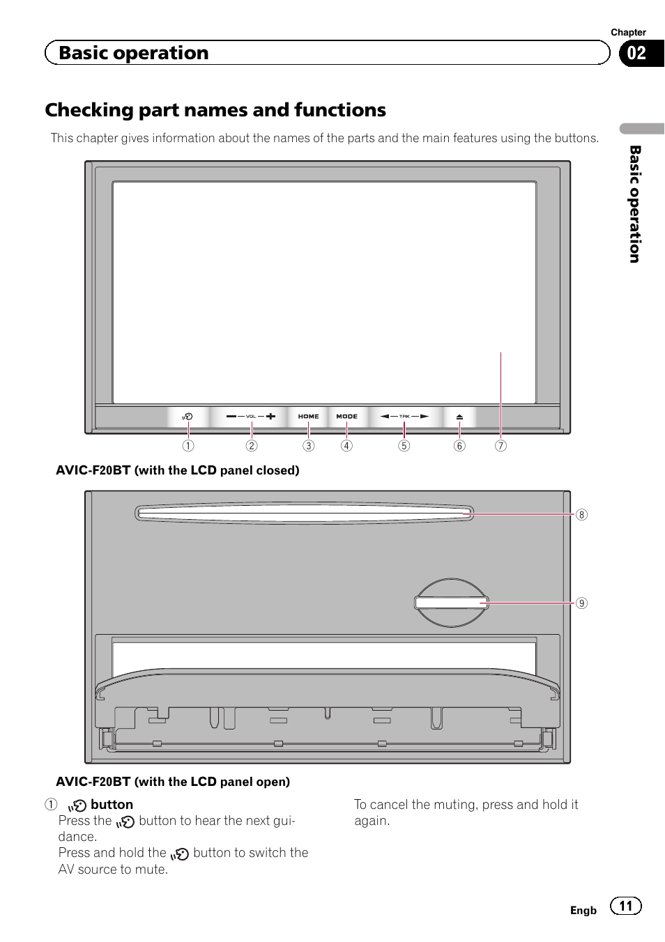 Basic operation checking part names and functions, Checking part names and functions, Basic operation | Pioneer AVIC-F20BT User Manual | Page 11 / 188