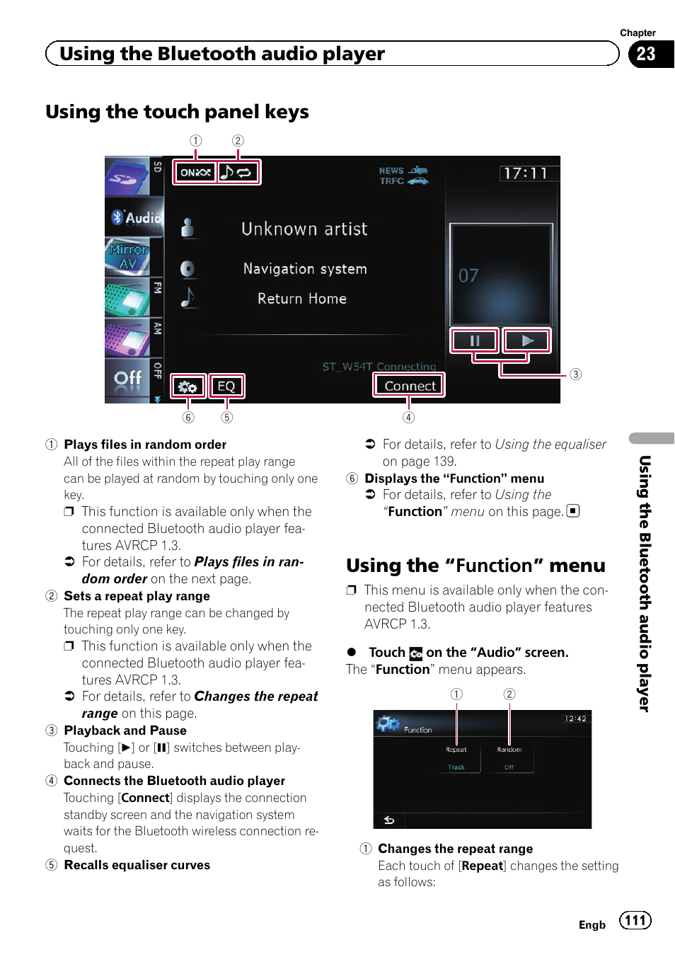 Using the touch panel keys, Using the, Function” menu 111 | Using the touch panel, Using the “function” menu, Using the bluetooth audio player | Pioneer AVIC-F20BT User Manual | Page 111 / 188