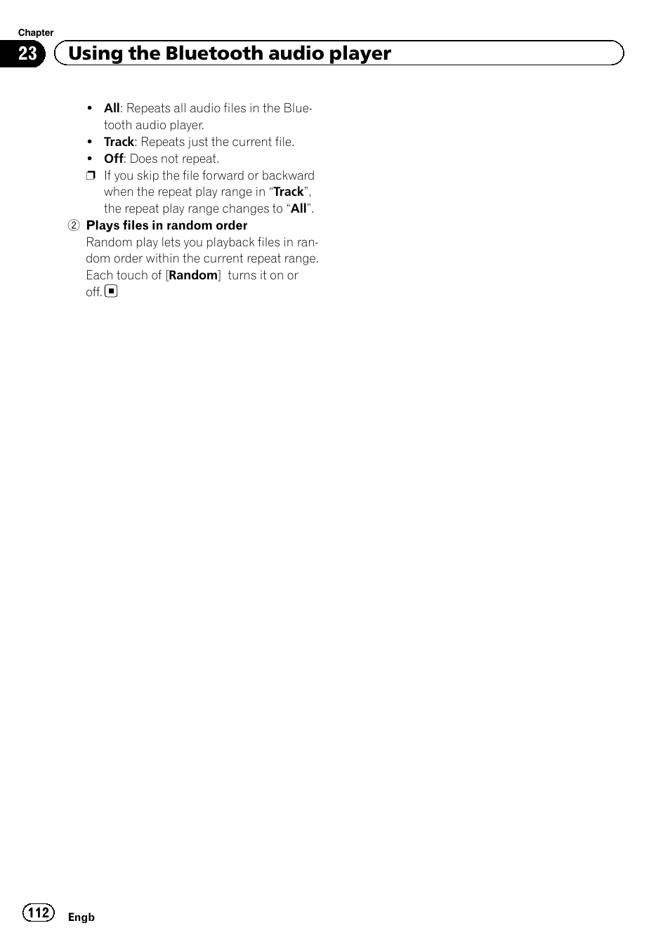 Plays files in ran, 23 using the bluetooth audio player | Pioneer AVIC-F20BT User Manual | Page 112 / 188