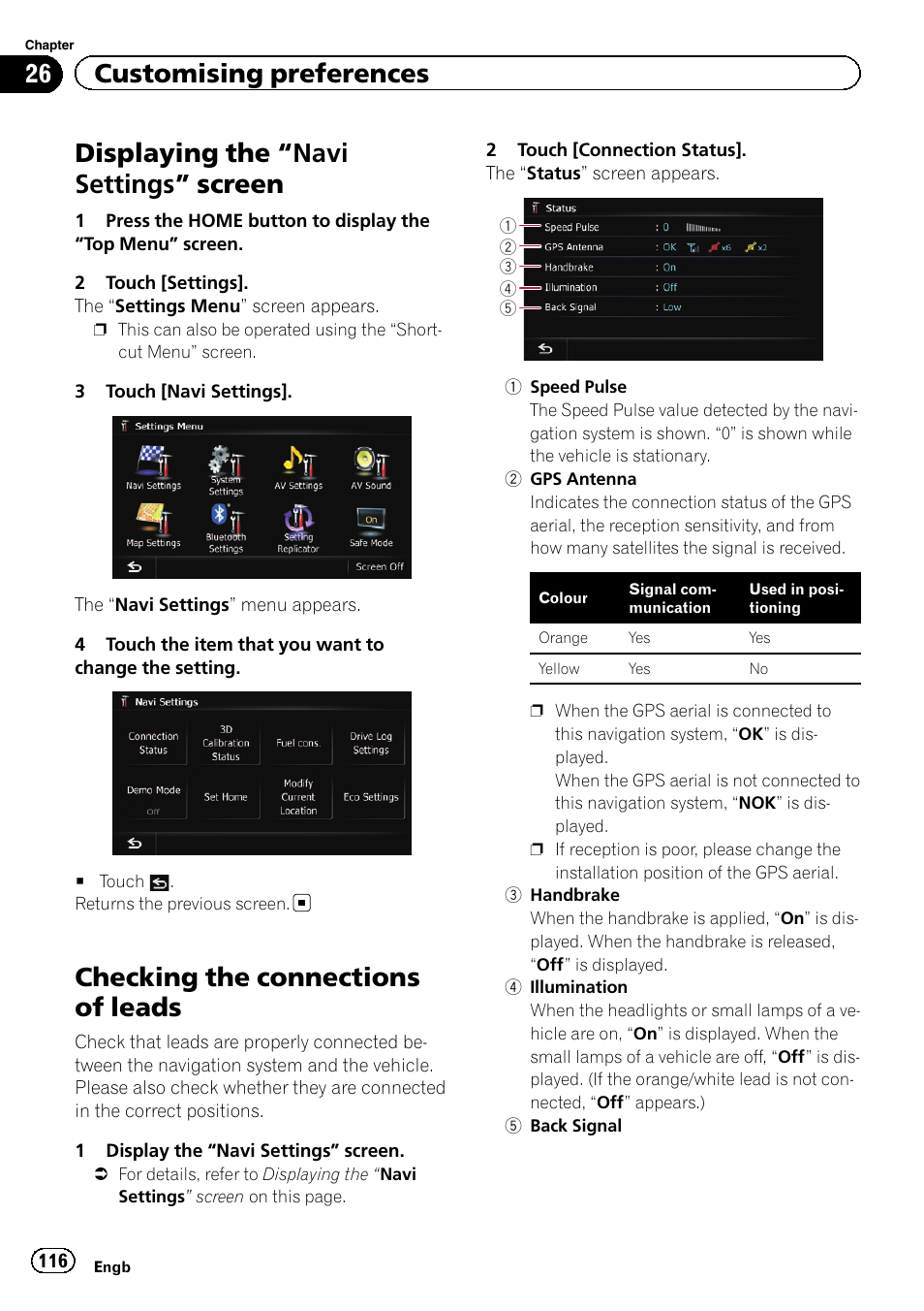 Customising preferences displaying the, Navi settings” screen 116, Checking the connections of leads | Displaying the “navi settings ” screen, 26 customising preferences | Pioneer AVIC-F20BT User Manual | Page 116 / 188