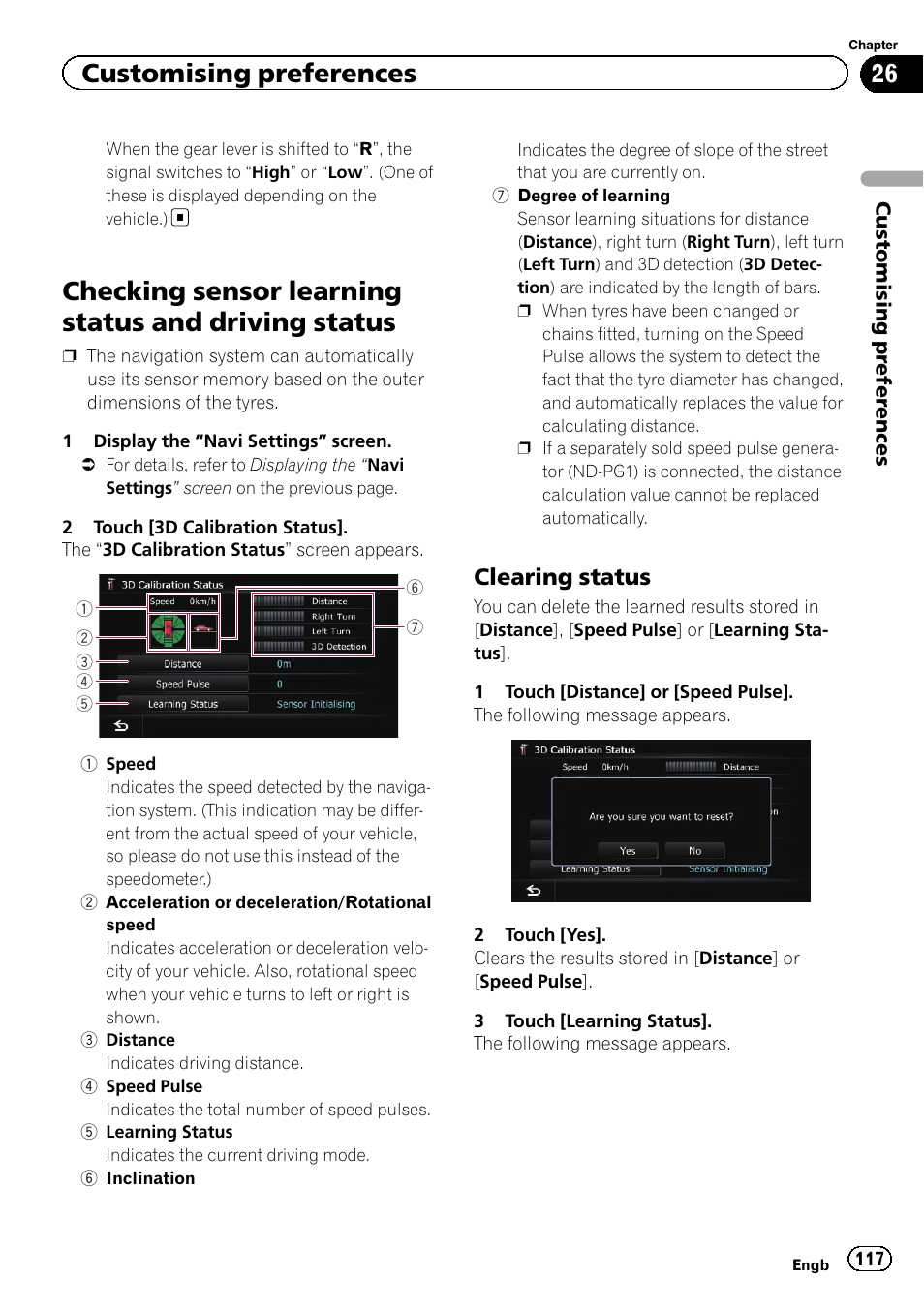 Checking sensor learning status and driving, Status, Clearing status 117 | Checking sensor learning status and driving status, Customising preferences, Clearing status | Pioneer AVIC-F20BT User Manual | Page 117 / 188