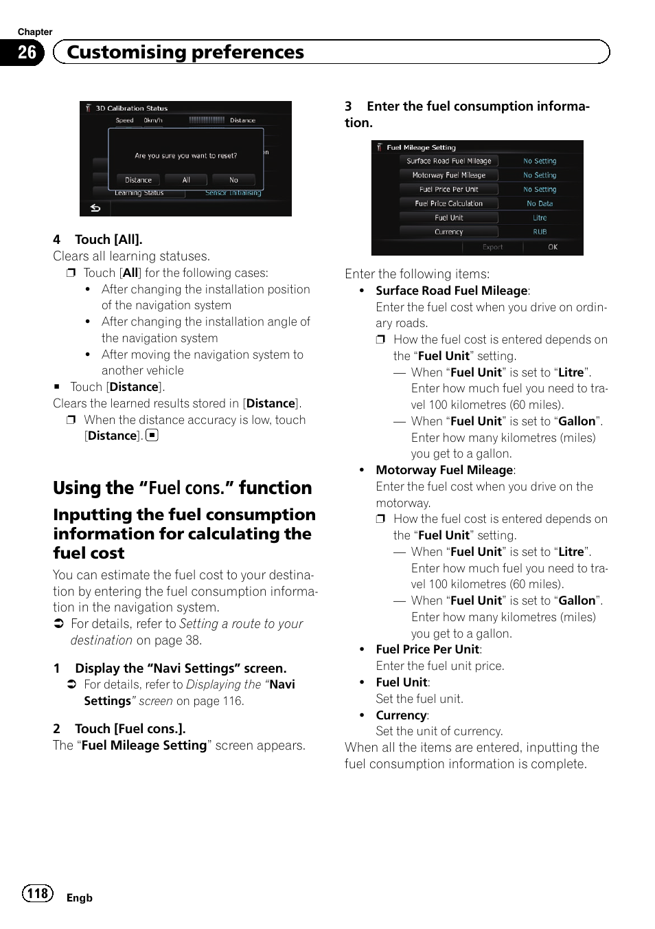 Using the, Fuel cons.” function 118, Inputting the fuel consumption | Information for calculating the fuel cost, Inputting the fuel, Using the “fuel cons.” function, 26 customising preferences | Pioneer AVIC-F20BT User Manual | Page 118 / 188