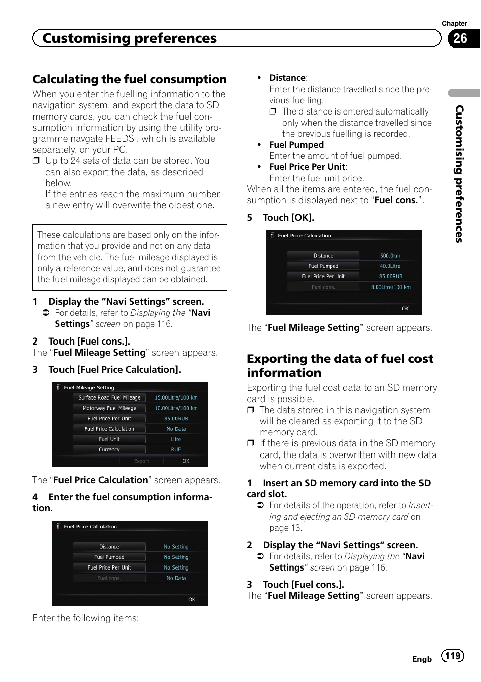 Calculating the fuel consumption 119, Exporting the data of fuel cost, Information | Customising preferences, Calculating the fuel consumption, Exporting the data of fuel cost information | Pioneer AVIC-F20BT User Manual | Page 119 / 188