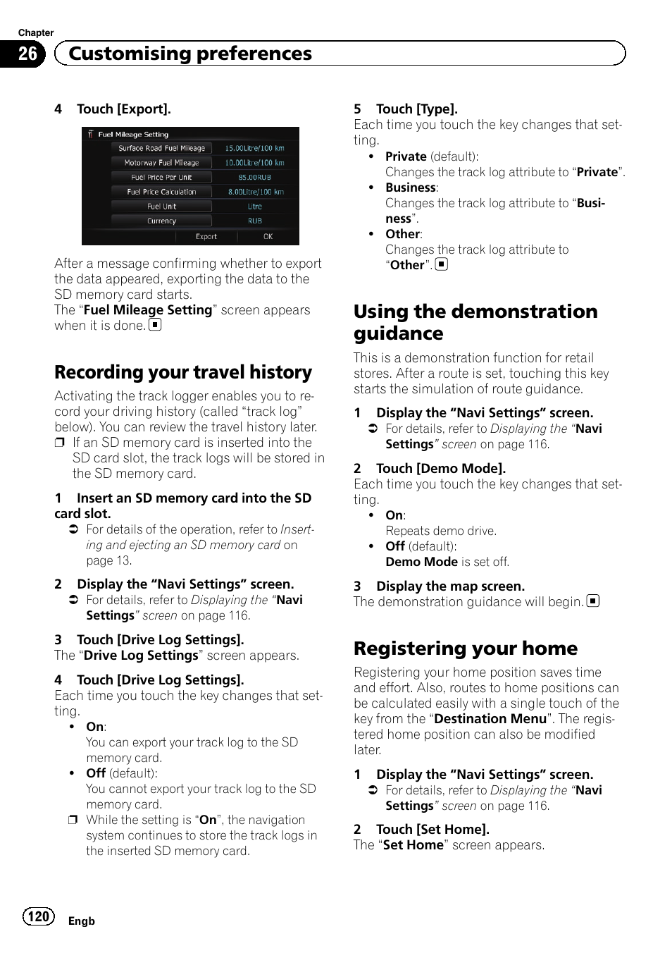 Recording your travel history, Using the demonstration guidance, Registering your home | Registering your, 26 customising preferences | Pioneer AVIC-F20BT User Manual | Page 120 / 188