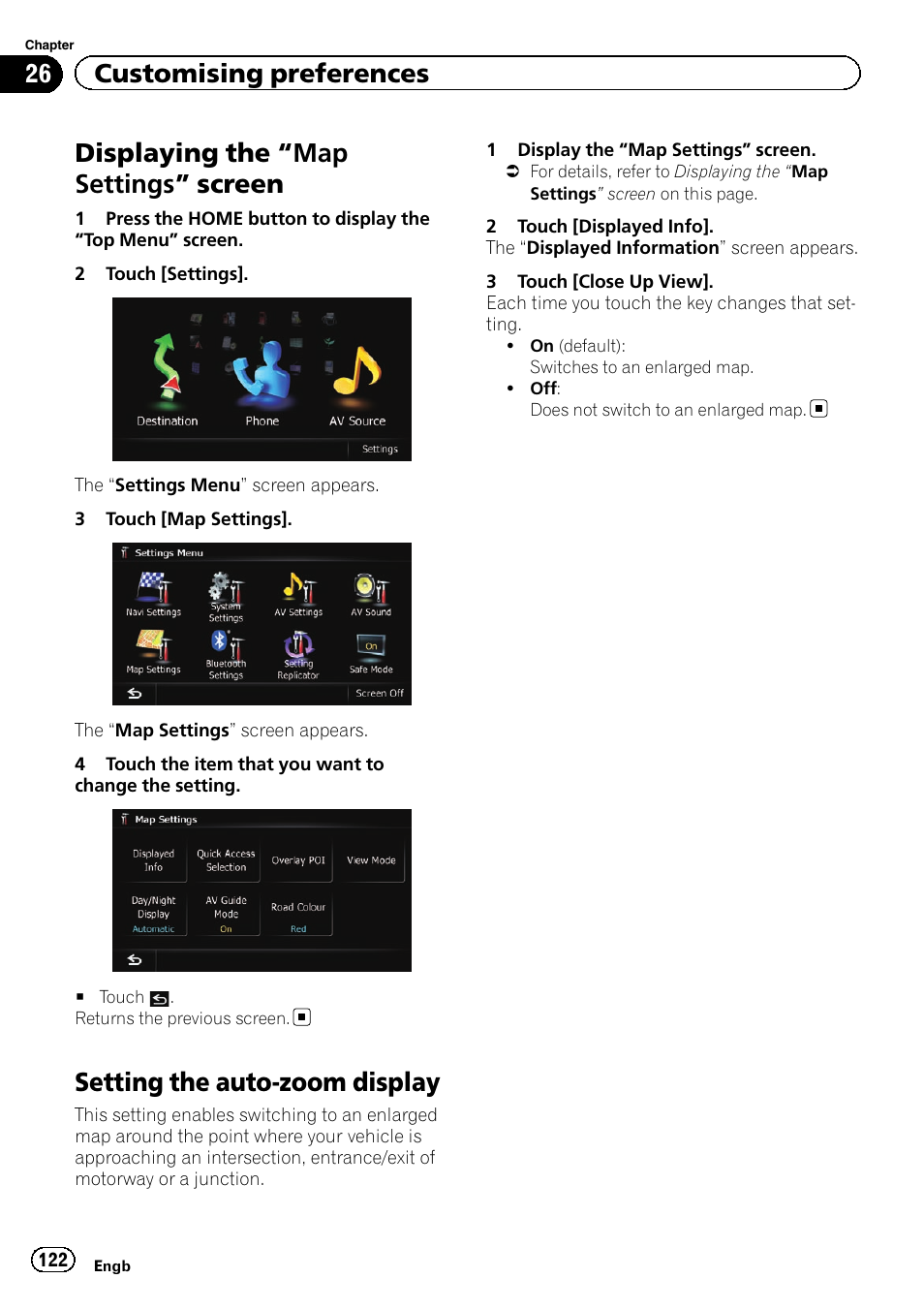 Displaying the, Map settings” screen 122, Setting the auto-zoom display | Setting the auto-zoom, Displaying the “map, Settings, Displaying the “map settings ” screen, 26 customising preferences | Pioneer AVIC-F20BT User Manual | Page 122 / 188