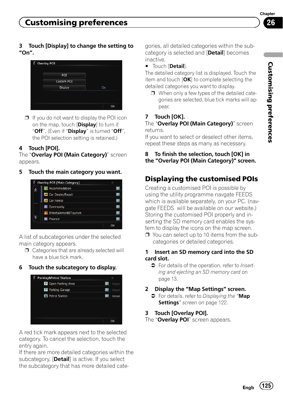 Displaying the customised pois 125, Customising preferences, Displaying the customised pois | Pioneer AVIC-F20BT User Manual | Page 125 / 188