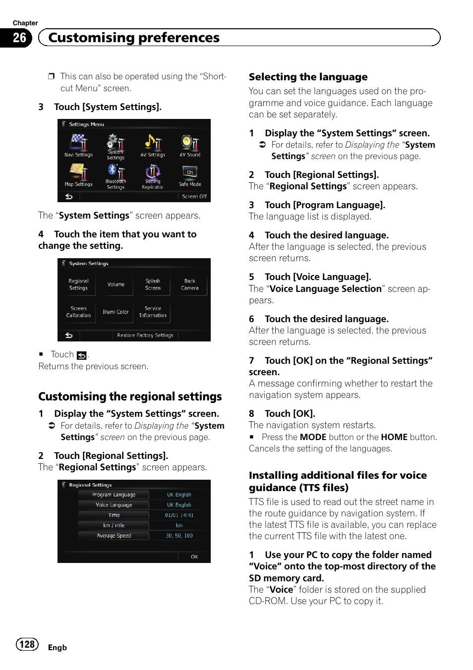 Customising the regional settings 128, 26 customising preferences, Customising the regional settings | Pioneer AVIC-F20BT User Manual | Page 128 / 188