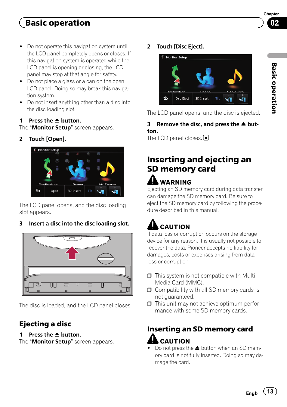 Ejecting a disc 13, Inserting and ejecting an sd memory, Card | Inserting an sd memory card 13, Basic operation, Ejecting a disc | Pioneer AVIC-F20BT User Manual | Page 13 / 188