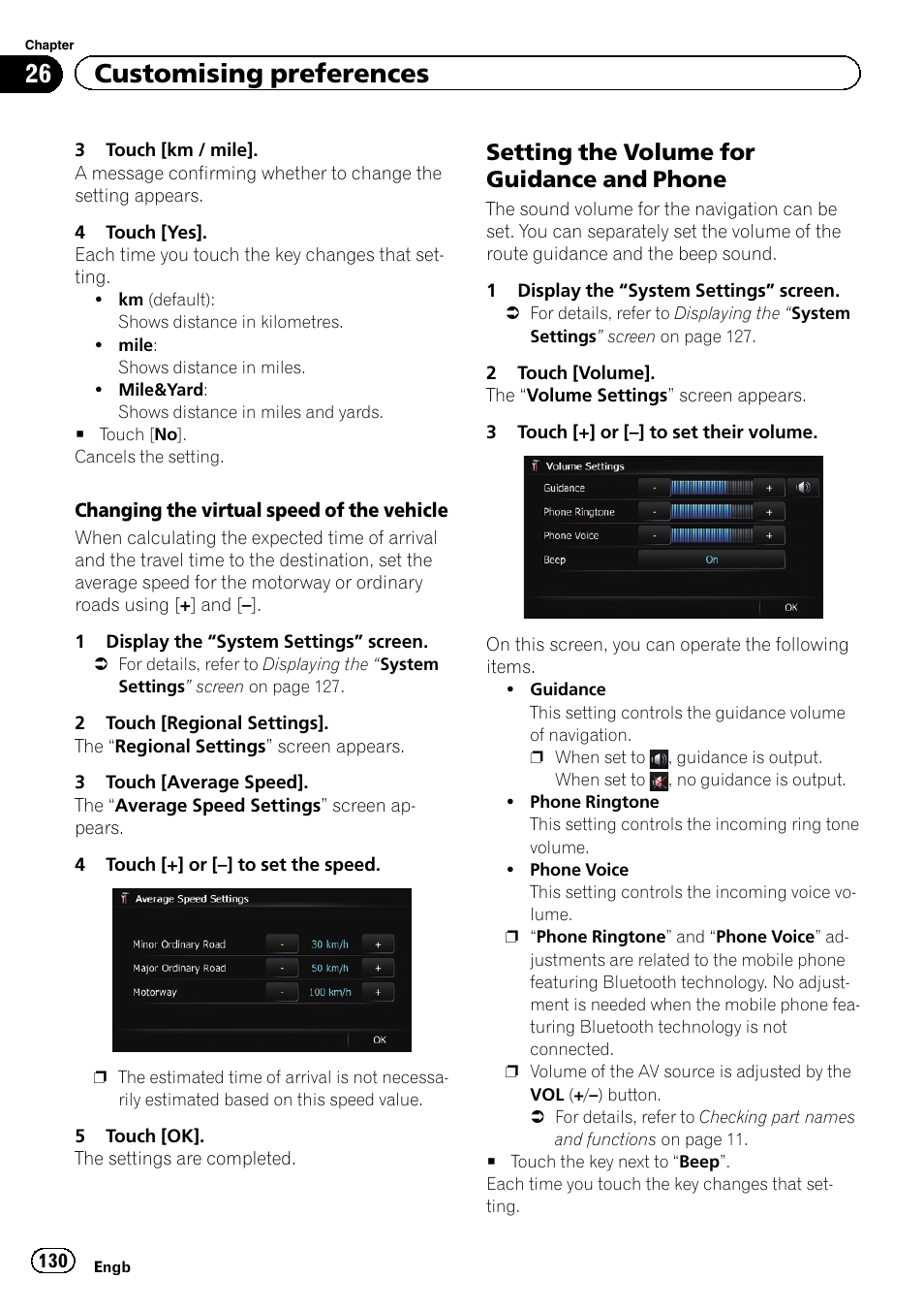 Setting the volume for guidance and, Phone, Setting the volume for | Setting the volume, 26 customising preferences, Setting the volume for guidance and phone | Pioneer AVIC-F20BT User Manual | Page 130 / 188