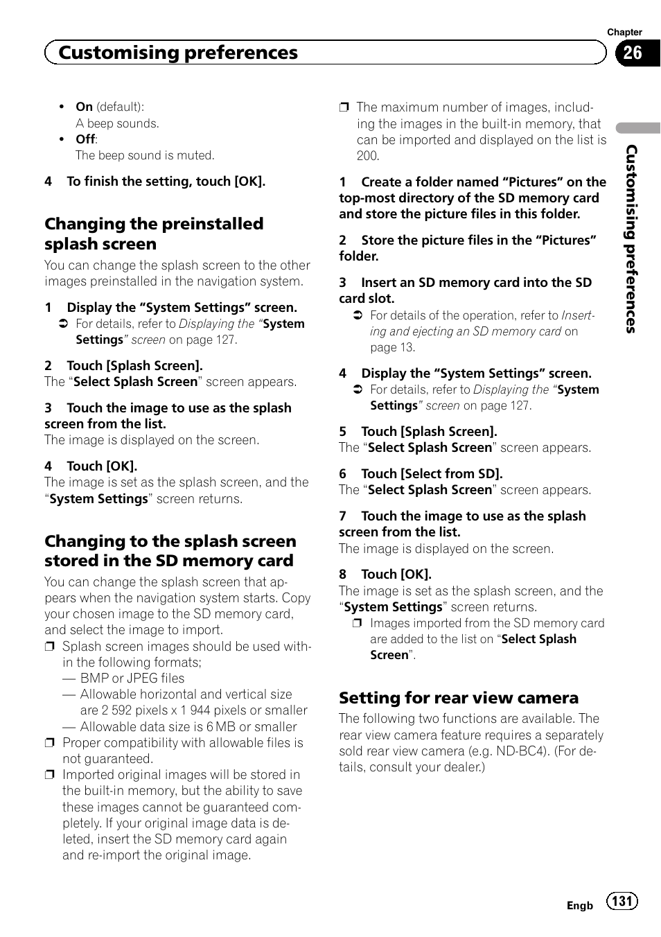 Changing the preinstalled splash, Screen, Changing to the splash screen stored | In the sd memory card, Setting for rear view camera 131, Setting for rear view, Customising preferences, Changing the preinstalled splash screen, Setting for rear view camera | Pioneer AVIC-F20BT User Manual | Page 131 / 188