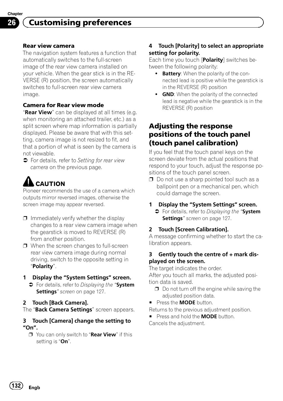 Adjusting the response positions of the, Touch panel (touch panel calibration), 26 customising preferences | Pioneer AVIC-F20BT User Manual | Page 132 / 188