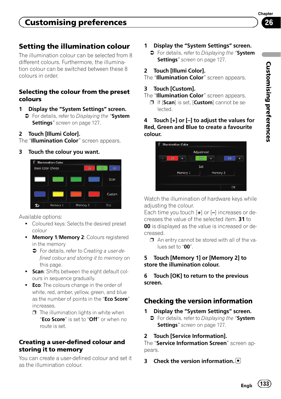 Setting the illumination colour 133, Checking the version information 133, Customising preferences | Setting the illumination colour, Checking the version information | Pioneer AVIC-F20BT User Manual | Page 133 / 188