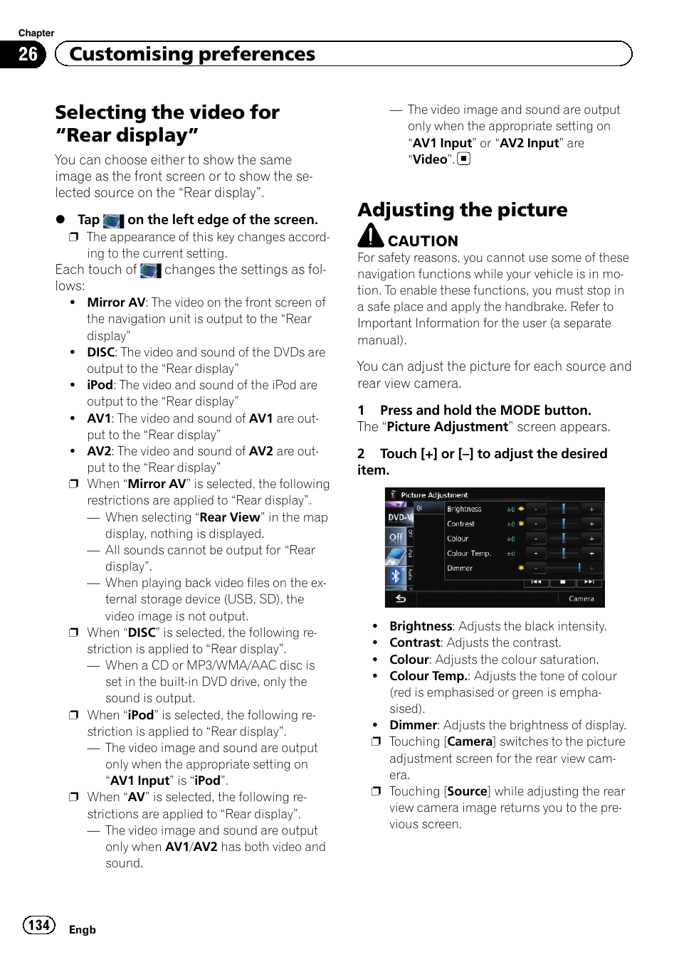 Selecting the video for, Rear display” 134, Adjusting the picture | Adjusting the pic, Selecting the video for “rear display, 26 customising preferences | Pioneer AVIC-F20BT User Manual | Page 134 / 188