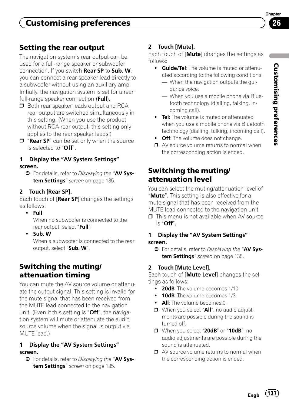 Setting the rear output 137, Switching the muting/attenuation, Timing | Level, Customising preferences, Setting the rear output, Switching the muting/ attenuation timing, Switching the muting/ attenuation level | Pioneer AVIC-F20BT User Manual | Page 137 / 188