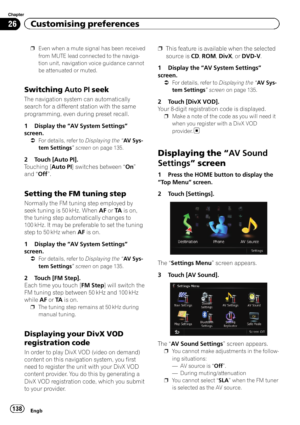 Switching auto pi seek 138, Setting the fm tuning step 138, Displaying your divx vod registration | Code, Displaying the, Av sound settings, Screen, Displaying the “av sound settings ” screen, 26 customising preferences, Switching auto pi seek | Pioneer AVIC-F20BT User Manual | Page 138 / 188