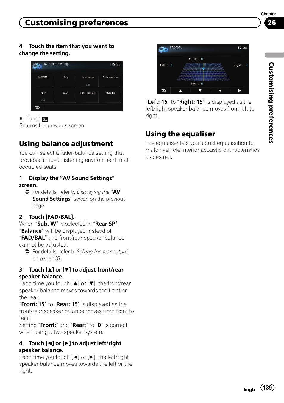 Using balance adjustment 139, Using the equaliser 139, Using the equaliser | Customising preferences, Using balance adjustment | Pioneer AVIC-F20BT User Manual | Page 139 / 188